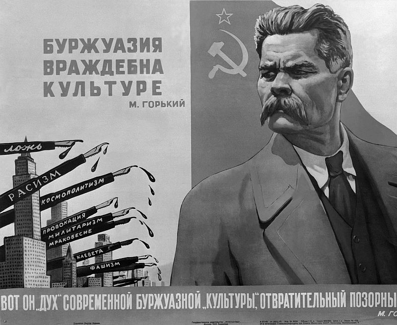 Maxim Gorkij na jednom ze sovětských propagandistických plakátů.