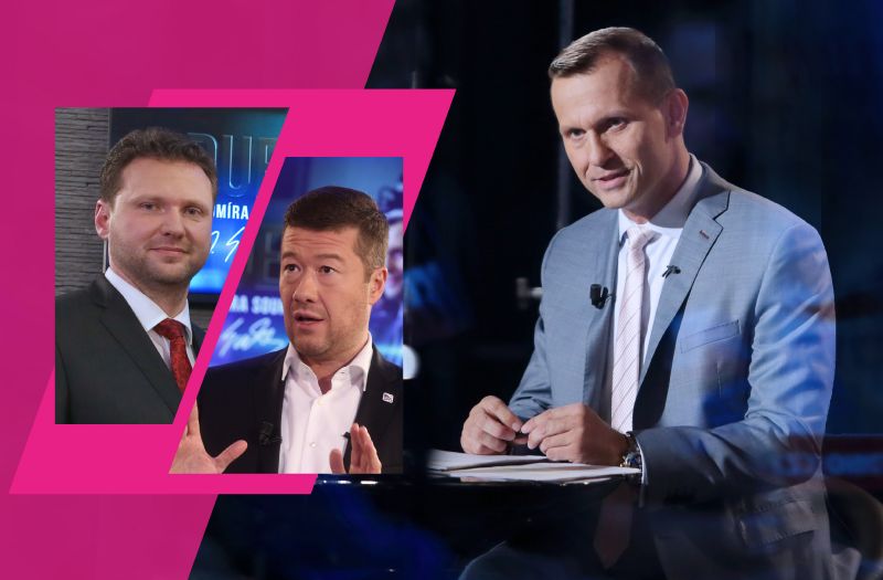 Jaromír Soukup a hosté jeho pořadu Tomio Okamura a Radek Vondráček.