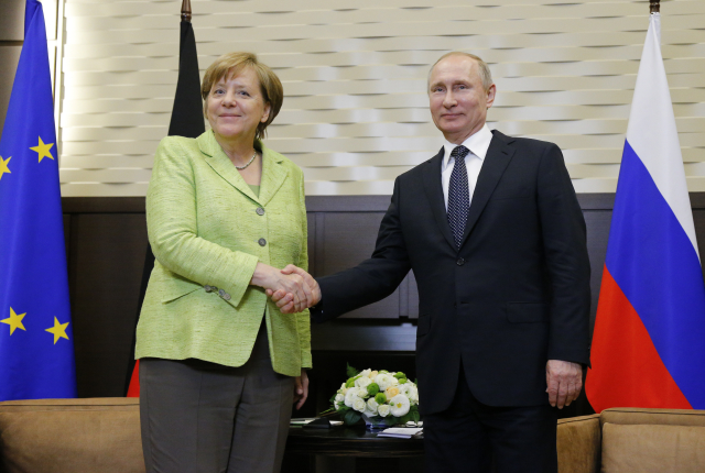 Angela Merkelová a Vladimir Putin, snímek z května 2017.