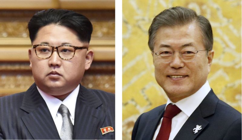 Severokorejský vůdce Kim Čong-un (vlevo) a jihorokejský prezident Mun Če-in (vpravo).