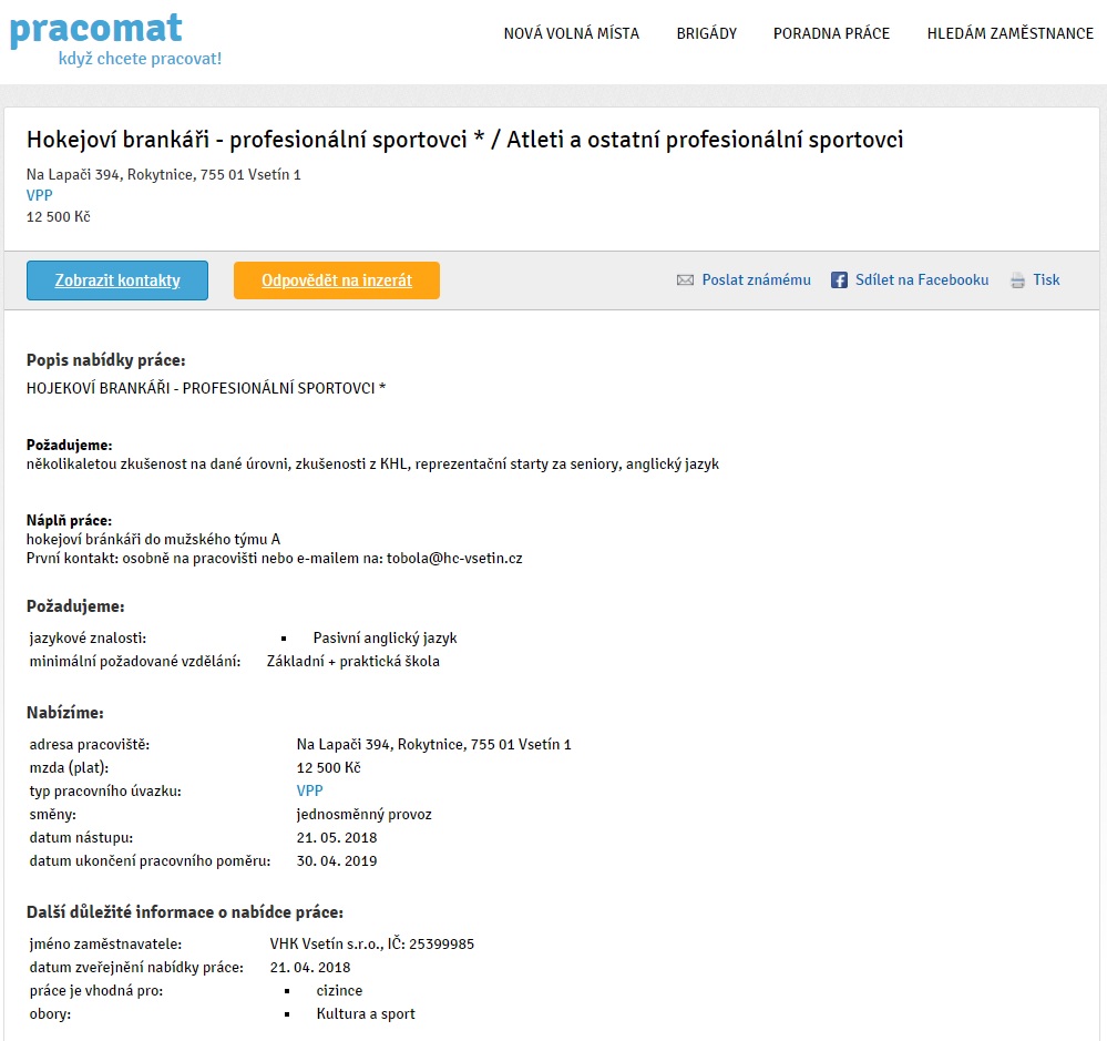 Na internetovém serveru pracomat.cz se objevil prapodivný hokejový inzerát.