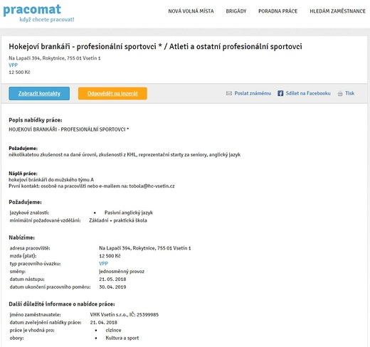 Na internetovém serveru pracomat.cz se objevil prapodivný hokejový inzerát.
