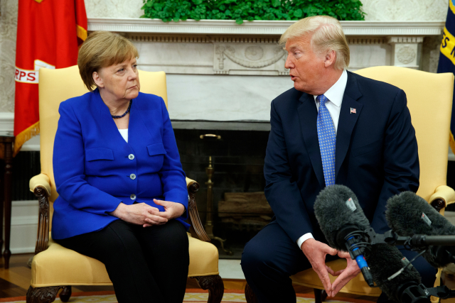 Německá kancléřka Angela Merkelová a americký prezident Donald Trump. Německá kancléřka Angela Merkelová a americký prezident Donald Trump.