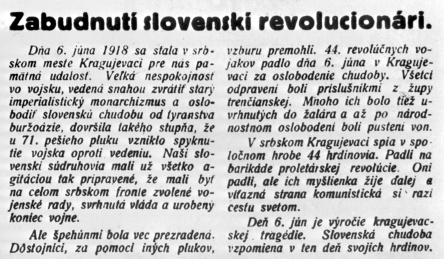 Článek ze slovenských novin " Pravda chudoby" o popravených slovenských revolucionářích v Kragujevci.