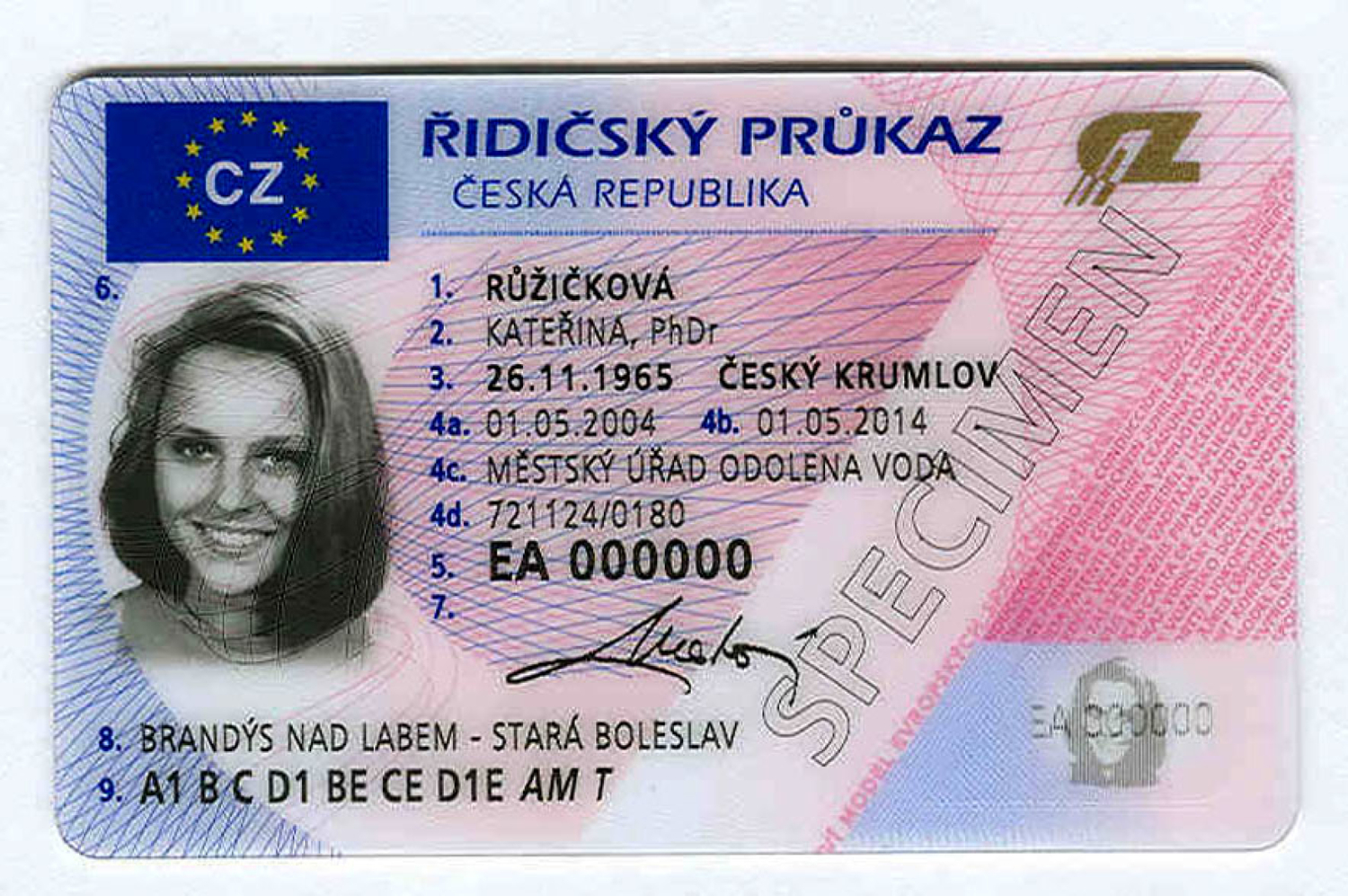 Vzor řidičského průkazu.