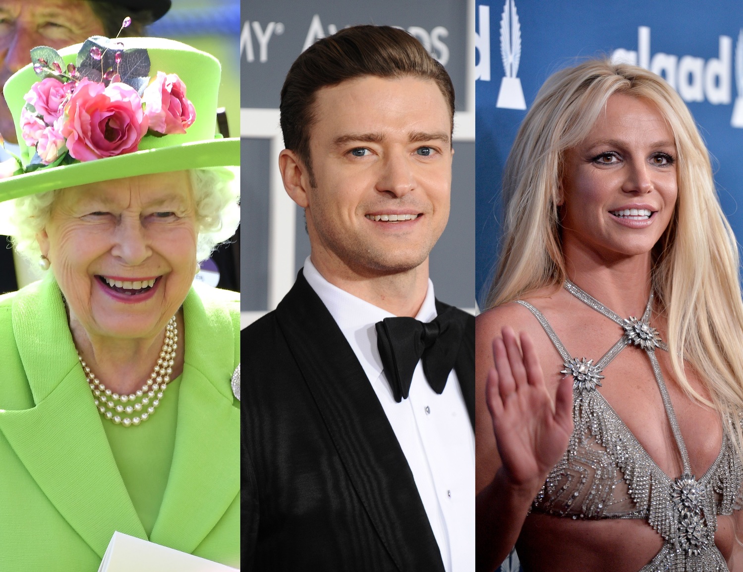 Královna Alžběta II., Justin Timberlake a Britney Spears. Královna Alžběta II., Justin Timberlake a Britney Spears.