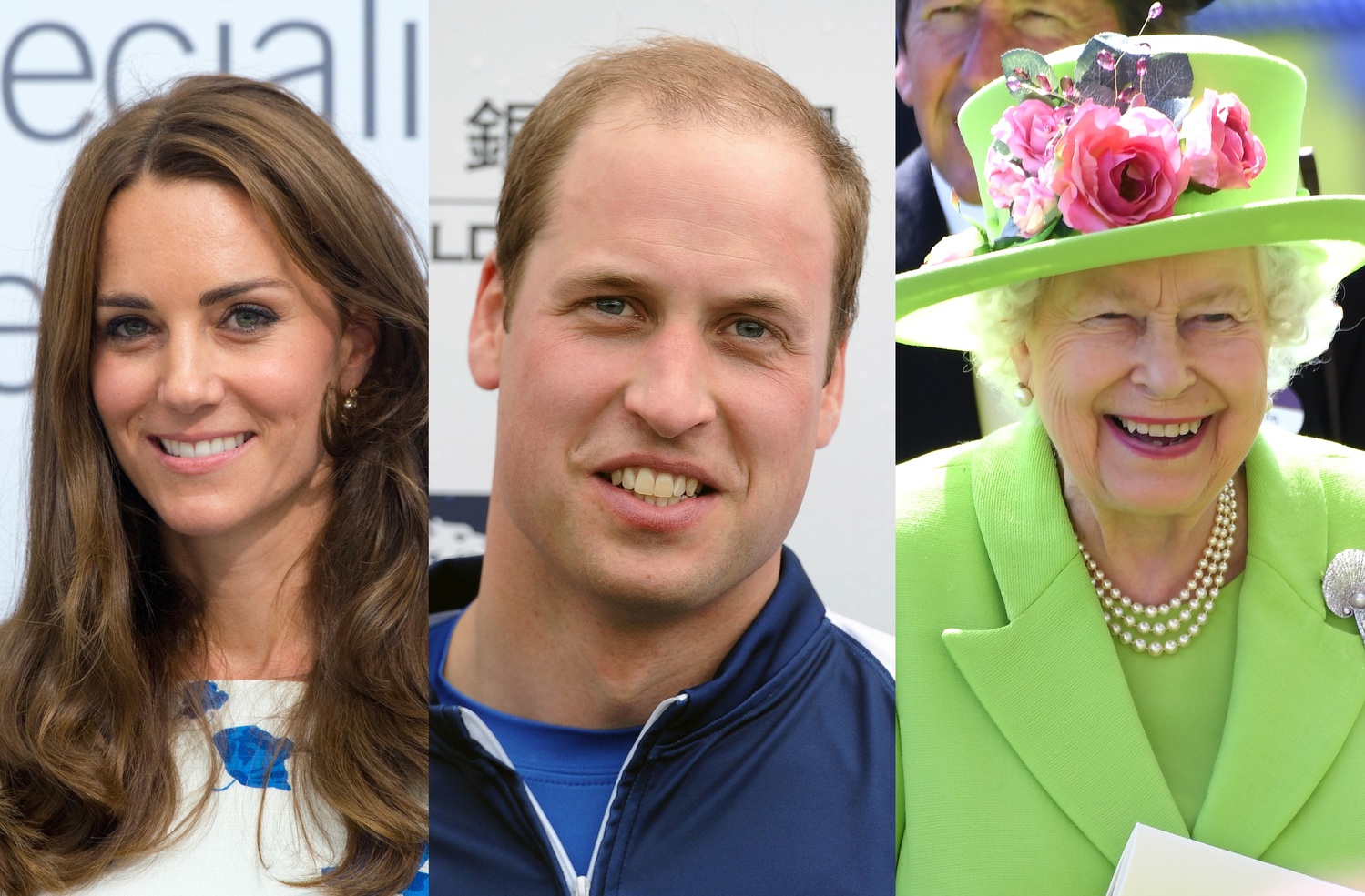 Vévodkyně Kate, princ William a královna Alžběta.