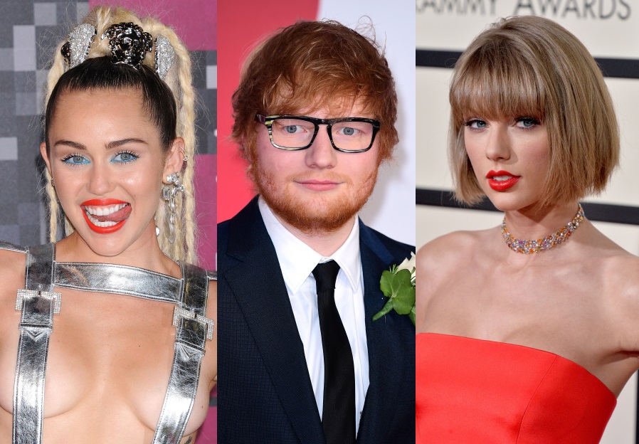 Miley Cyrus, Ed Sheeran a Taylor Swift. Miley Cyrus, Ed Sheeran a Taylor Swift.