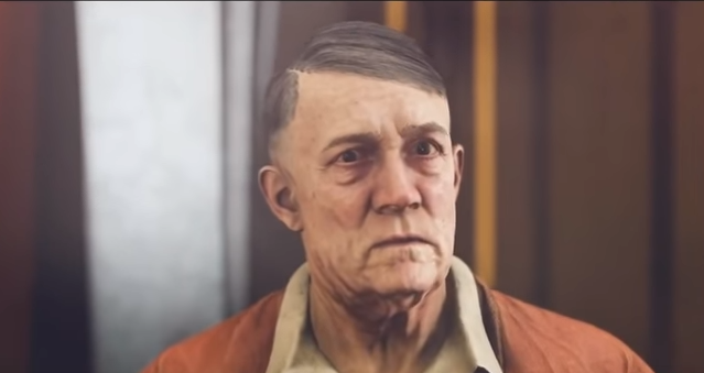 Zestárlý Adolf Hitler bez kníru ve hře Wolfenstein 2: The New Colossus.