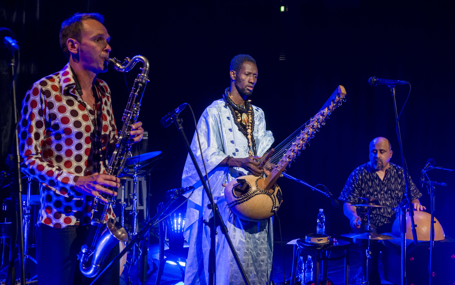 Jeden z dřívějších ročníků festivalu. Zleva jsou Jan Galega Brönnimann, Moussa Cissokho a Omri Hason z African Project ve Studiu Beseda.