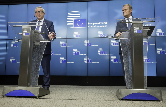 Šéf Evropské komise Jean-Claude Juncker (vlevo) a předseda Evropské rady Donald Tusk.