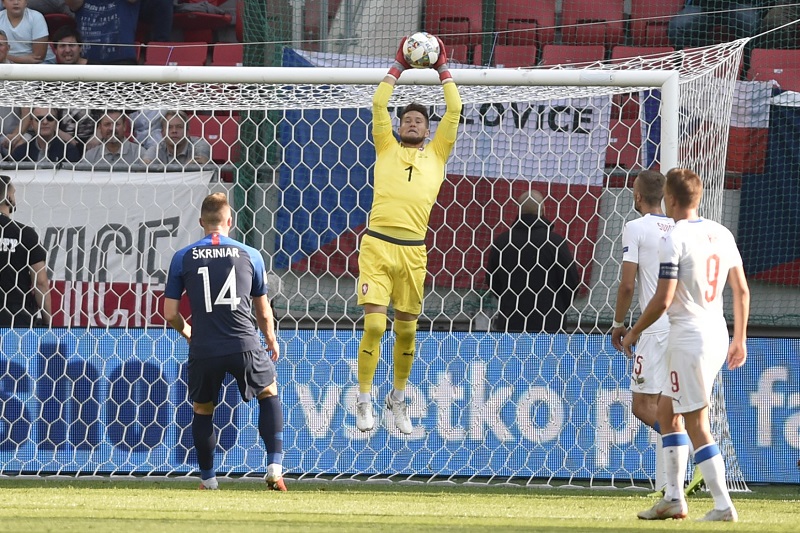 Brankář Tomáš Vaclík v akci při utkání Ligy národů proti Slovensku.
