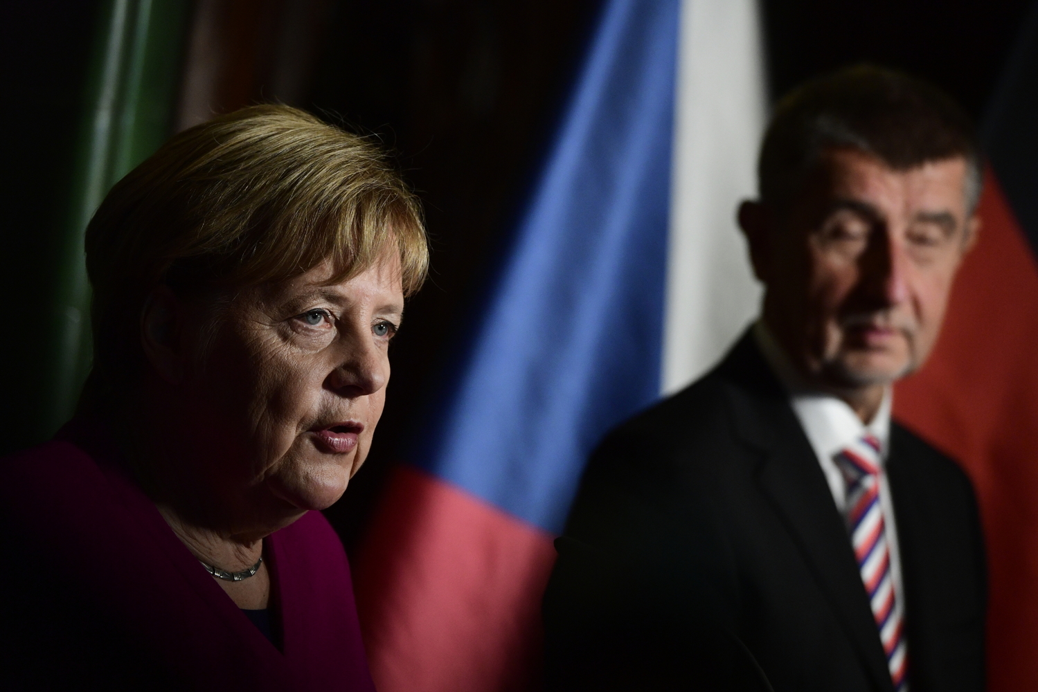 Angela Merkelová na pátečním setkání s Andrejem Babišem.