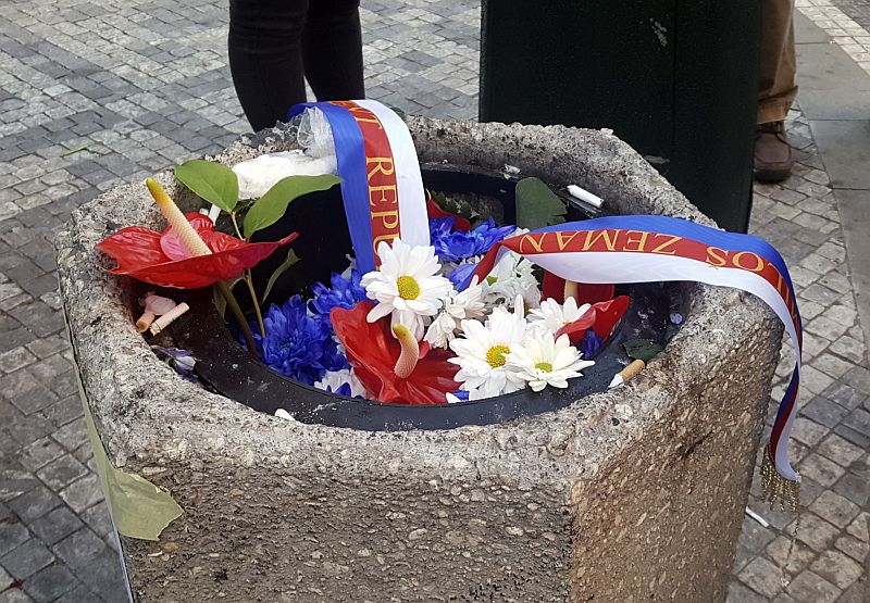 Květiny na Národní třídě vyhozené do koše.