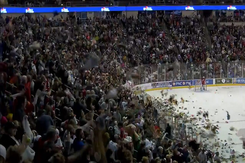 Fanoušci Hershey Bears oslavili branku záplavou plyšových hraček.