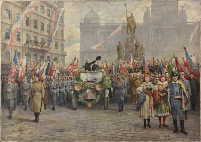 Na snímku je jeden z dochovaných obrazů Příjezd Masaryka na Václavské náměstí v prosinci 1918.