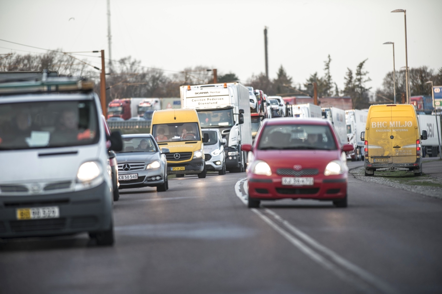 Zablokovaná doprava blízko města Nyborg v Dánsku. 