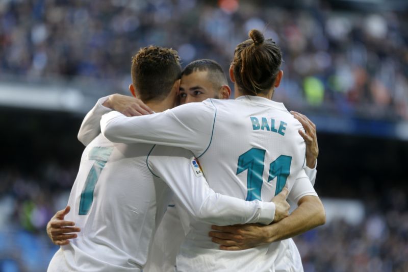 Útočné trio Realu Madrid Benzema, Ronaldo, Bale.