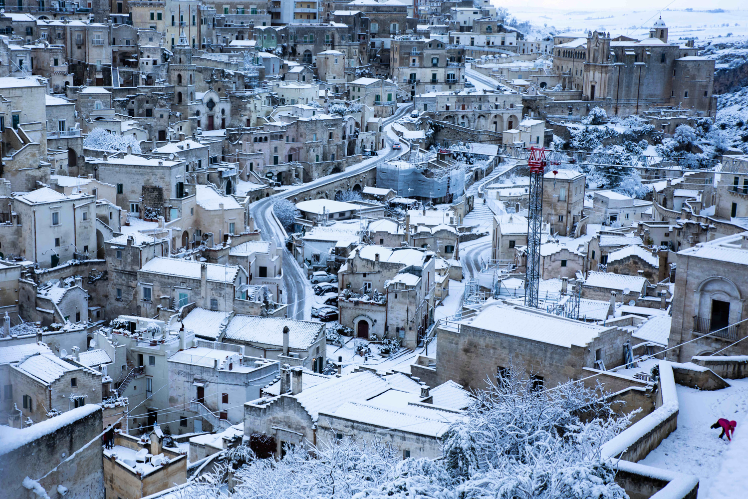 Zasněžené město Matera. 