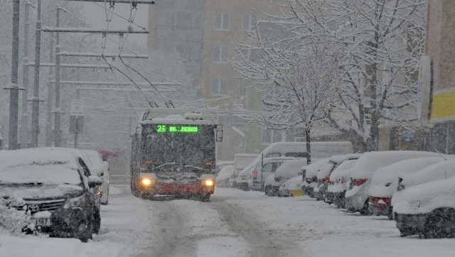 Čerstvý sníh komplikoval 28. ledna 2019 ráno dopravu na jihomoravských silnicích a způsobil kalamitu v hromadné dopravě zejména na Znojemsku, Břeclavsku a v Brně. Na snímku autobus projíždí sídlištěm Vinohrady v Brně.