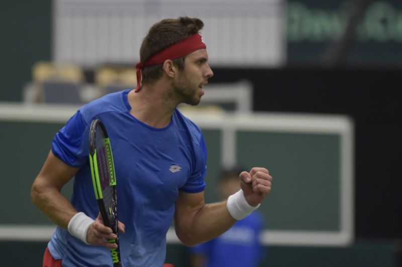 Jiří Veselý při zápase Davis Cupu proti Nizozemsku.