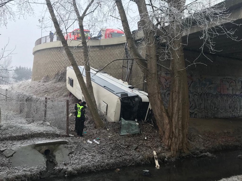 Autobus sjel ze silnice a spadl do srázu.