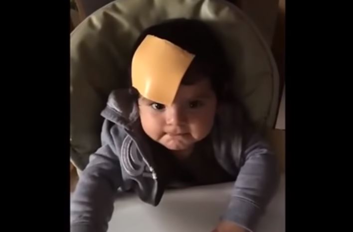 Snímek z jednoho videa, jak rodič hodil po svém dítěti sýr.