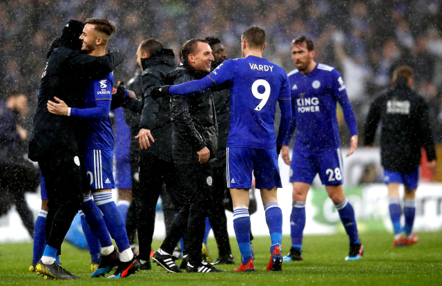Radost hráčů Leicesteru. Radost hráčů Leicesteru.