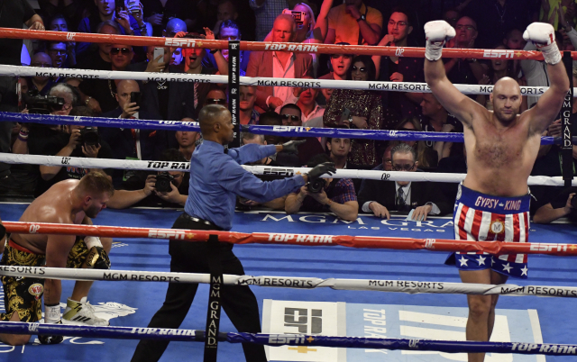 Tyson Fury (vpravo) oslavuje výhru nad Němcem Schwartzem.