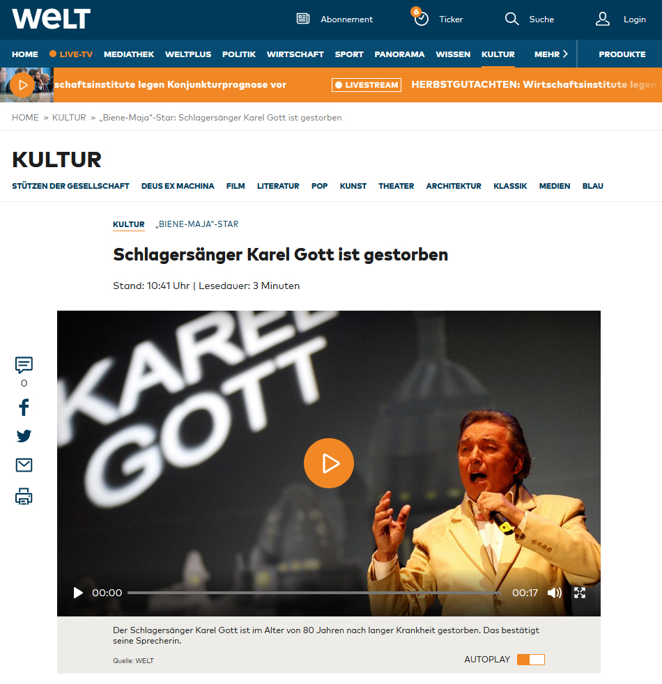 	 Screenshot webové stránky německého deníku Die Welt z 2. října 2019.