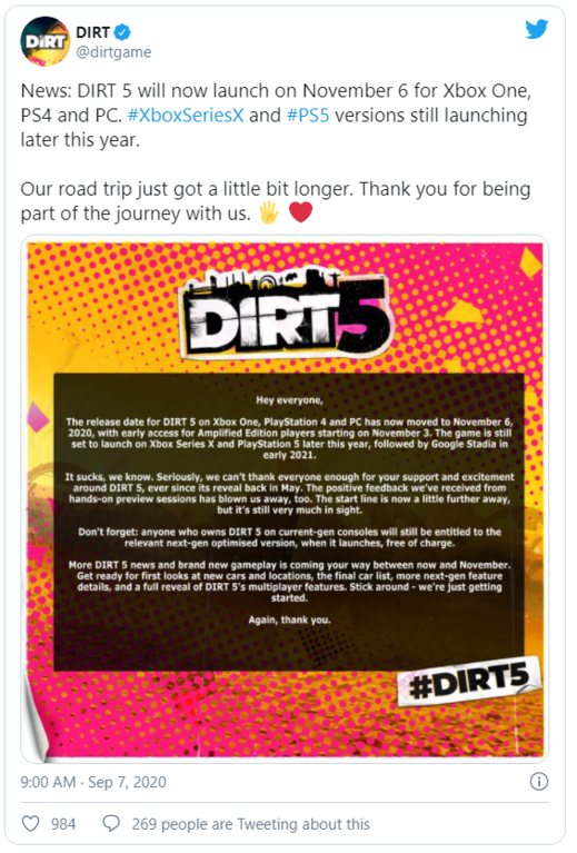 Dirt 5 se opět odkládá, Cyberpunk 2077 naštěstí ne