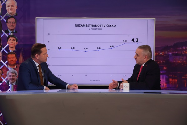 Moderátor pořadu Jaromír Soukup a předseda ČMKOS Josef Středula.