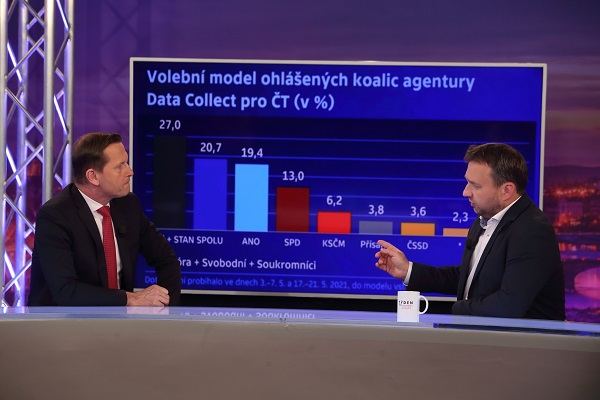 Moderátor pořadu Jaromír Soukup a předseda KDU-ČSL Marian Jurečka.