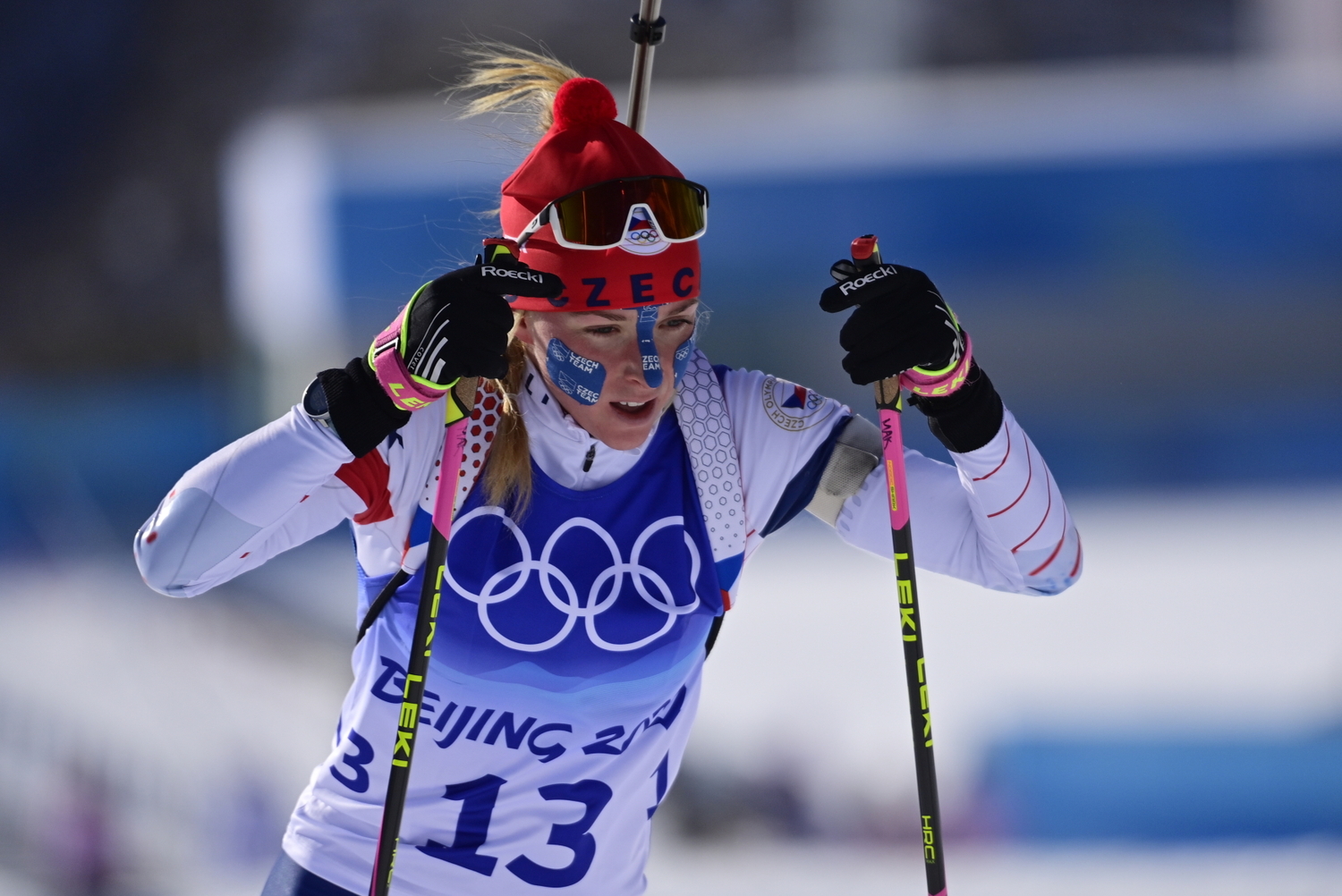 24. zimní olympijské hry v Pekingu 2022. Biatlon, závod s hromadným startem 12,5 km ženy, 18. února 2022, Čang-ťia-kchou. Na snímku Markéta Davidová z ČR.