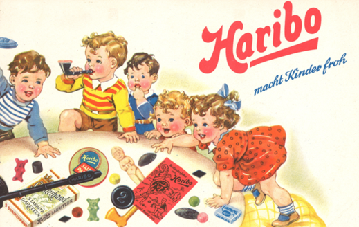 Dobová reklama na želatinové medvídky Haribo.