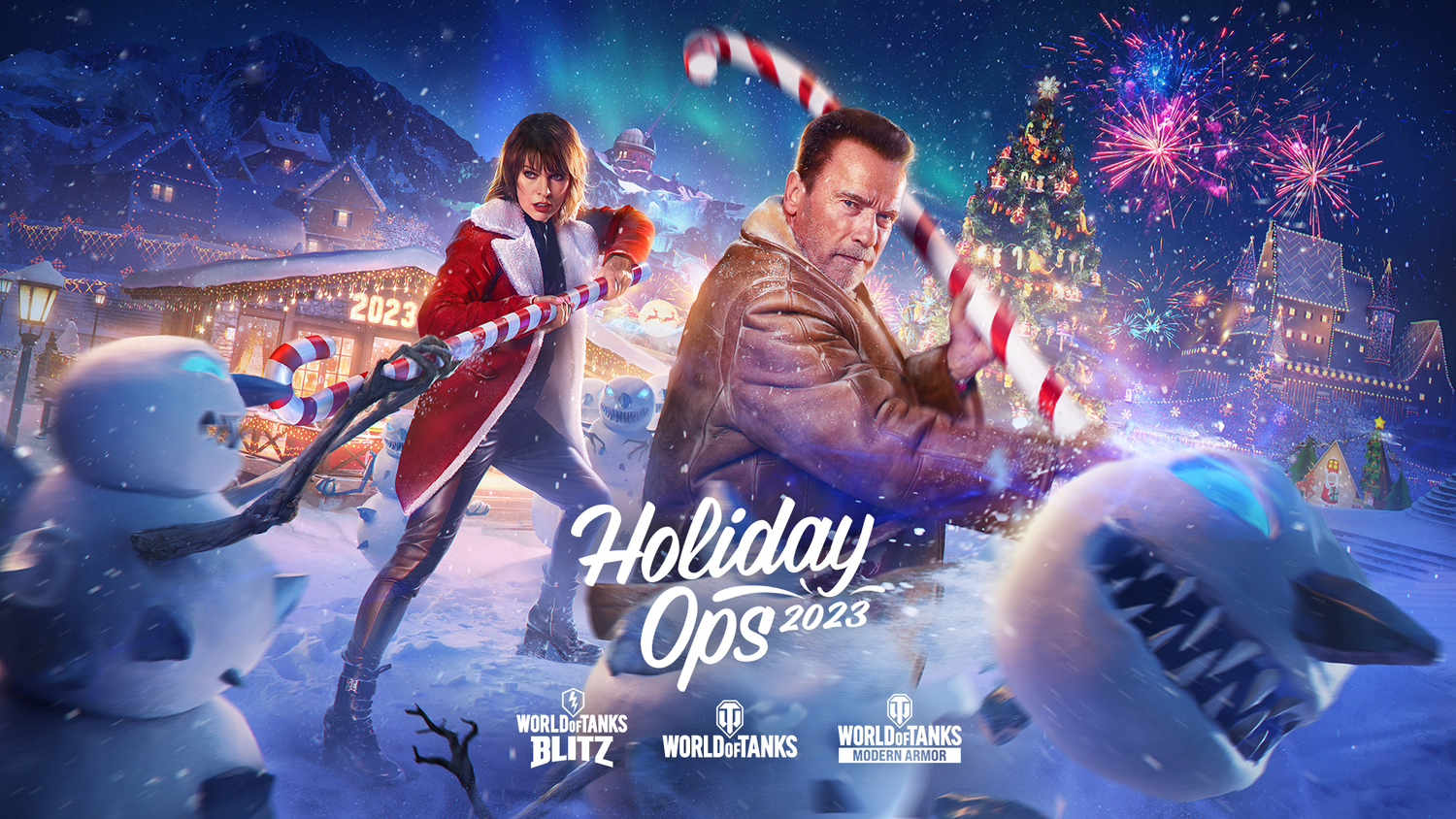 Arnold Schwarzenegger a Milla Jovovich pod stromeček ve hře World of Tanks.