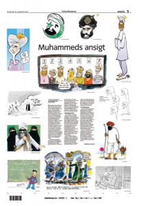Str&aacute;nka s karikaturami v listu Jyllands Posten.