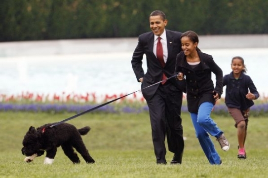 Obama s dcerkami venčí nové štěně v Bílém domě.