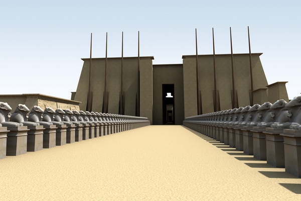 Monumentální alej sfing v chrámovém komplexu Karnak.
