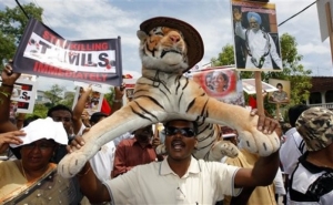 Protesty za práva Tamilů v Kuala Lumpur.
