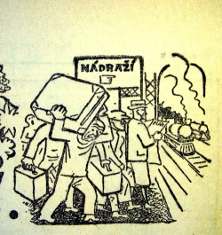 Karikatura z Lidových novin, odjezd na dovolenou v roce 1929.