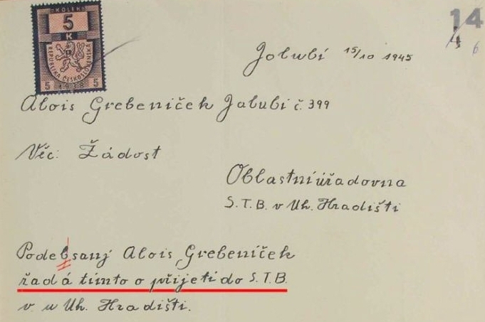 Grebeníčkova žádost o přijetí do StB.