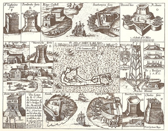 Smithova mapa Bermud s pevnostmi z roku 1624.