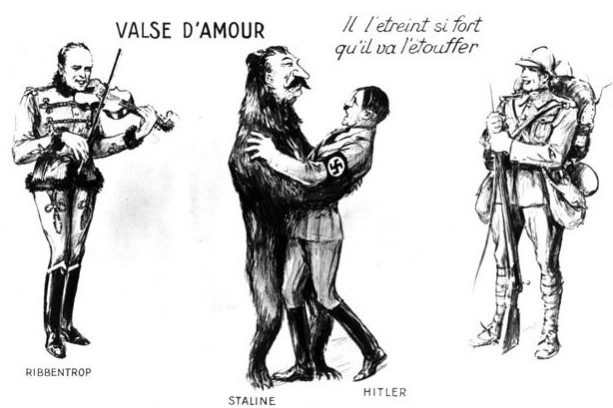 Stalin tančí s Hitlerem. Francouzská dobová karikatura.