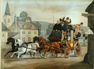 Koč&iacute; drželi bič v prav&eacute; ruce, jeden z důvodů j&iacute;zdy povozů vlevo.