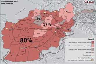 St&aacute;l&aacute; př&iacute;tomnost Talibanu je až na 80 % &uacute;zem&iacute;. Mapa think-tanku ICOS.