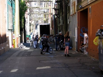 Ulice Downtown Eastside, Vancouver, Britská Kolumbie.