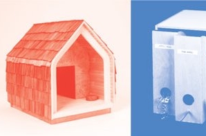 Architekti vytvořili pro výstavu psí boudy a ptačí budky.