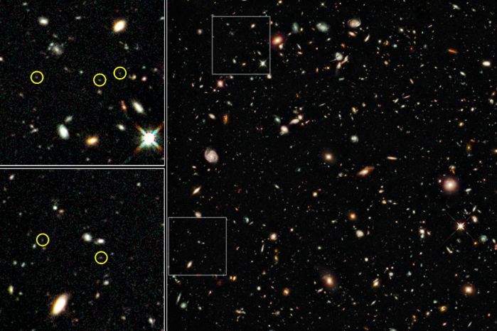 Nejstarší galaxie na snímku jsou více než 13 miliard let staré.