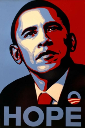 Obama znázorňovaný jako novodobý mesiáš.
